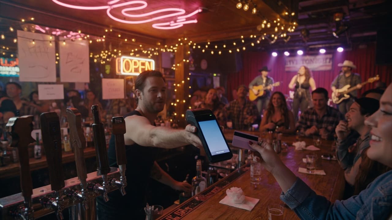 A bartender in a packed honky-tonk holds out a handheld card reader while a band plays behind